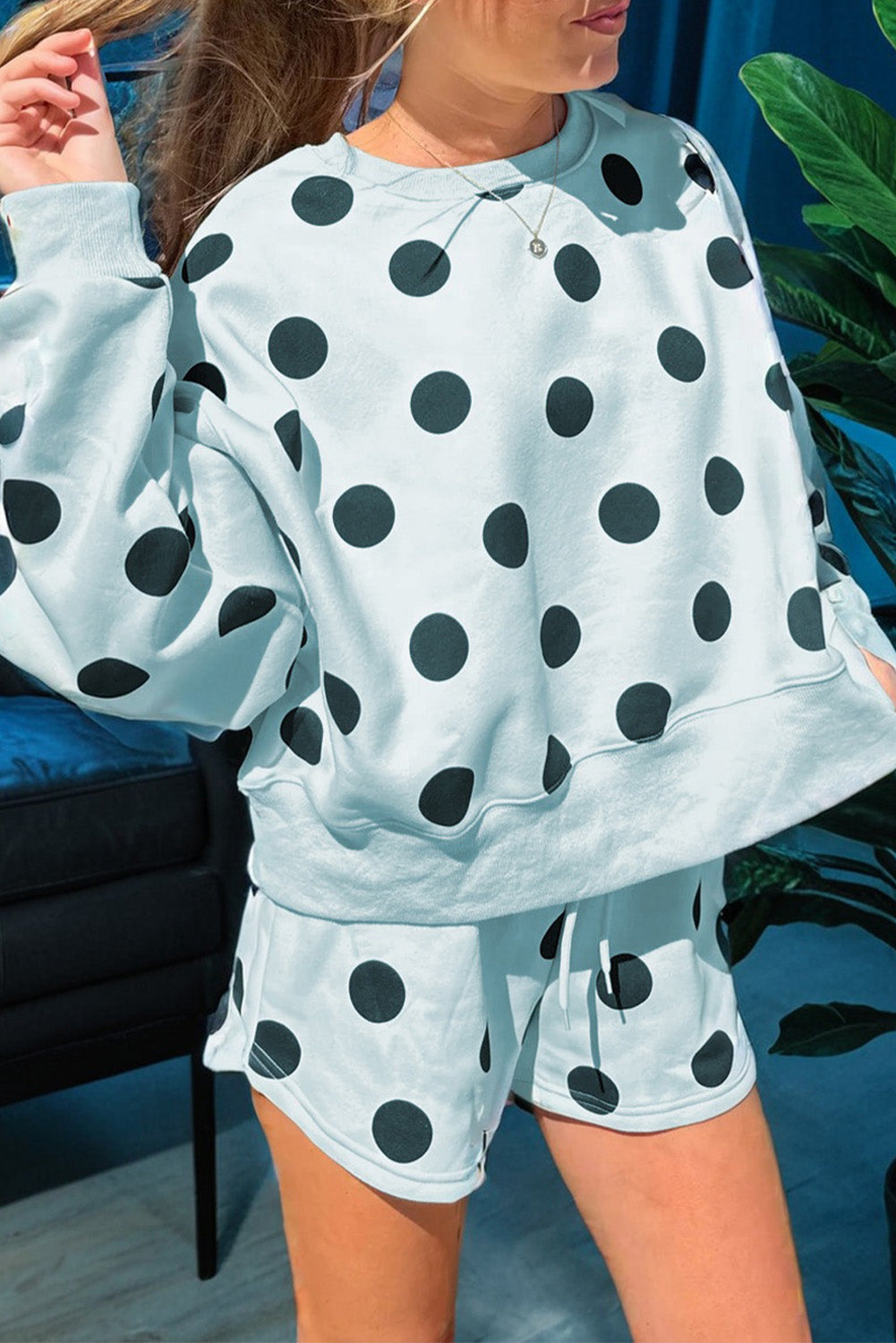 Beige Polka Dot Print Drop Shoulder Pullover Drawstring Jogger Pant Set