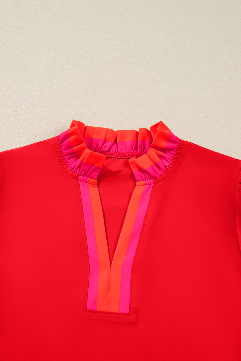 Four Leaf Clover Striped Trim Ruffle Split Neck Long Sleeve Blouse