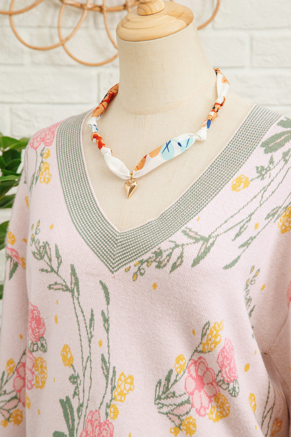 Pink Floral Pattern Striped V Neck Loose Sweater