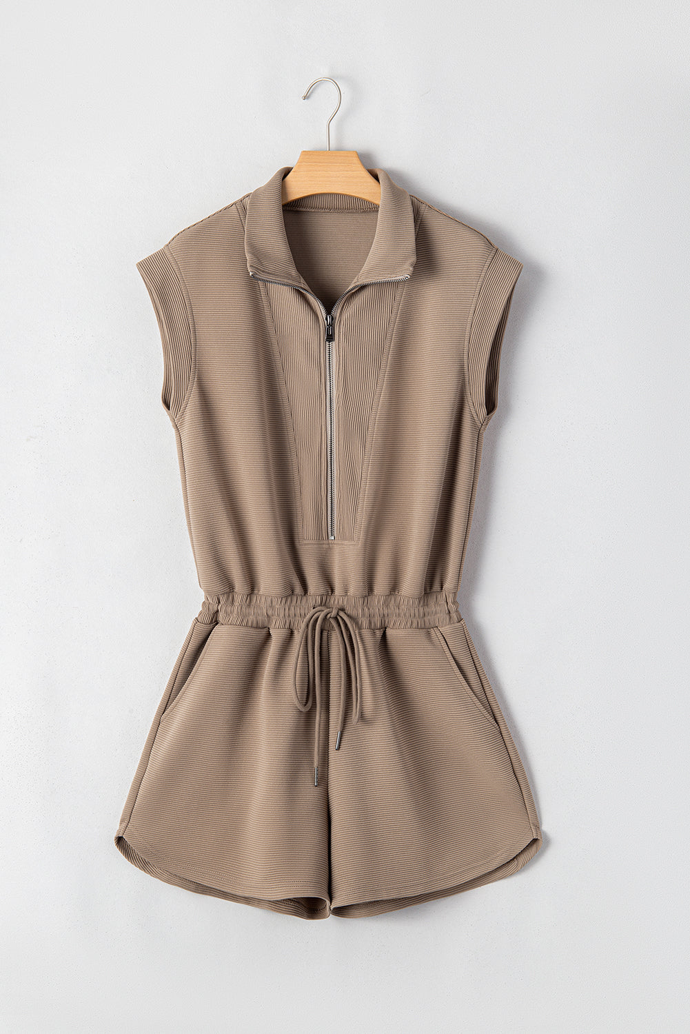 Black French Terry Zipped Collar Sleeveless Drawstring Waist Mini Dress