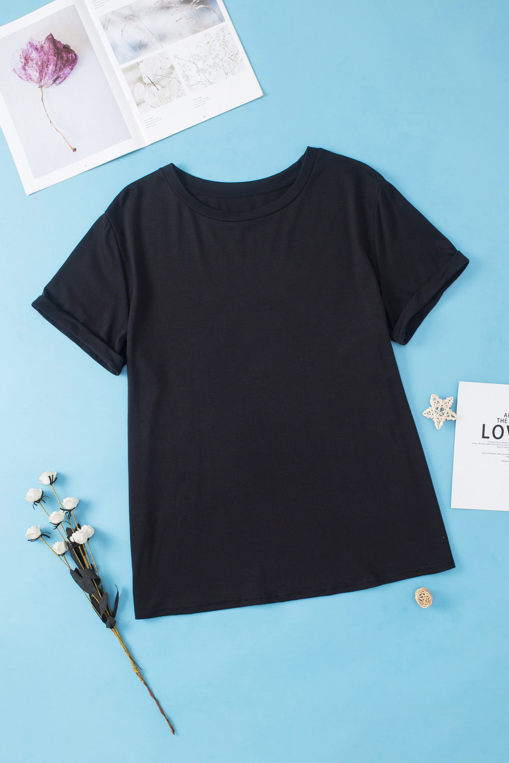 Iceland Blue Round Neck Rolled Sleeve Plus Size T-shirt
