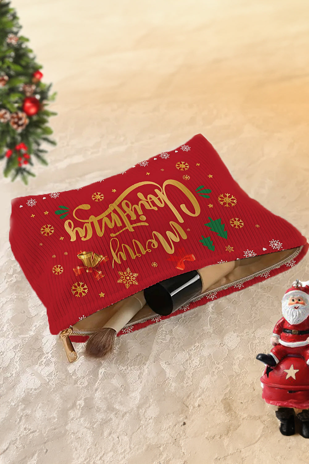 White Christmas Fashion Print Corduroy Zip Up Cosmetic Bag