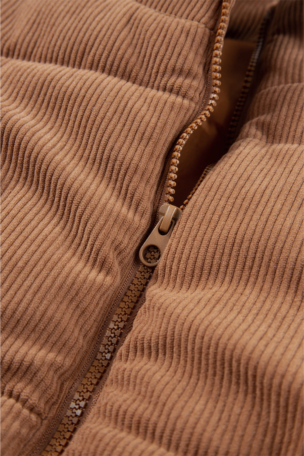 Beige Corduroy Stand Neck Zipped Puffer Vest