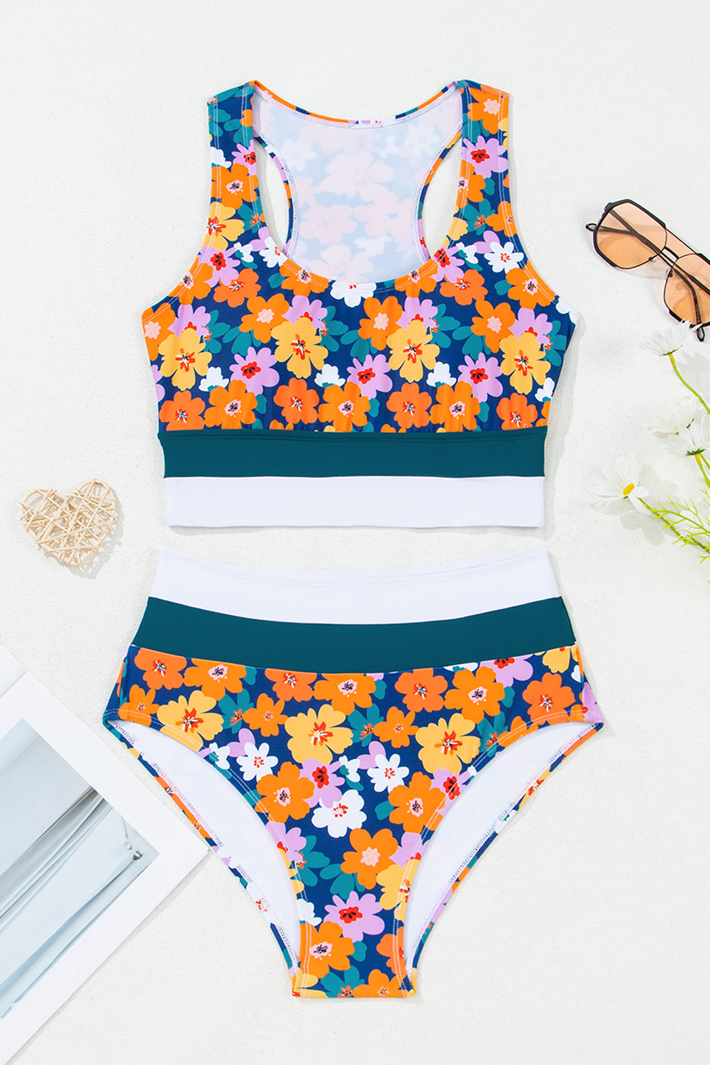 Dearlove Green Floral Print Racerback Cutout High Waist 2pcs Bikini