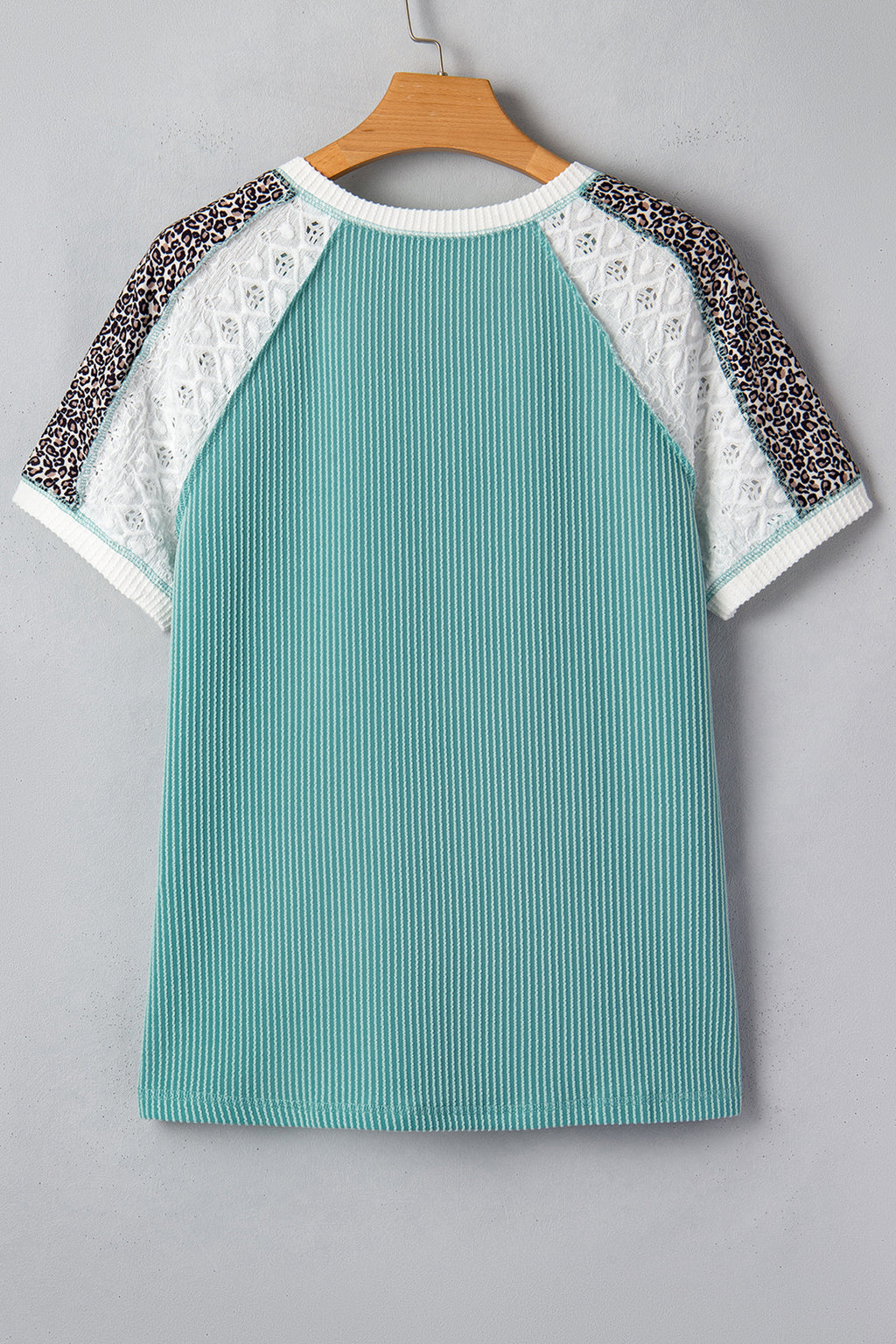 Dark Khaki Twisted Ribbed Leopard Lace Contrast Patchwork Long Sleeve Top