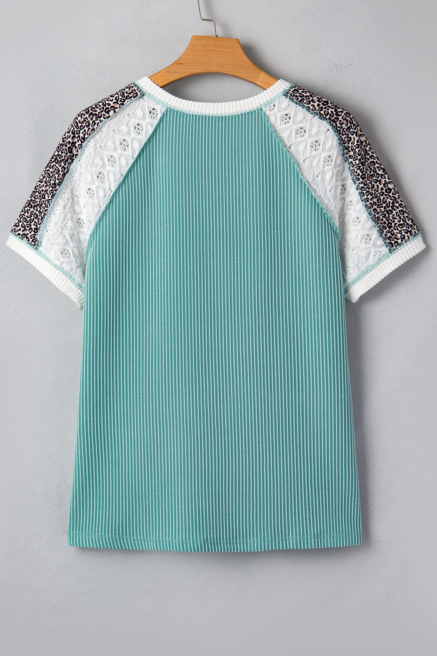 Dark Khaki Twisted Ribbed Leopard Lace Contrast Patchwork Long Sleeve Top