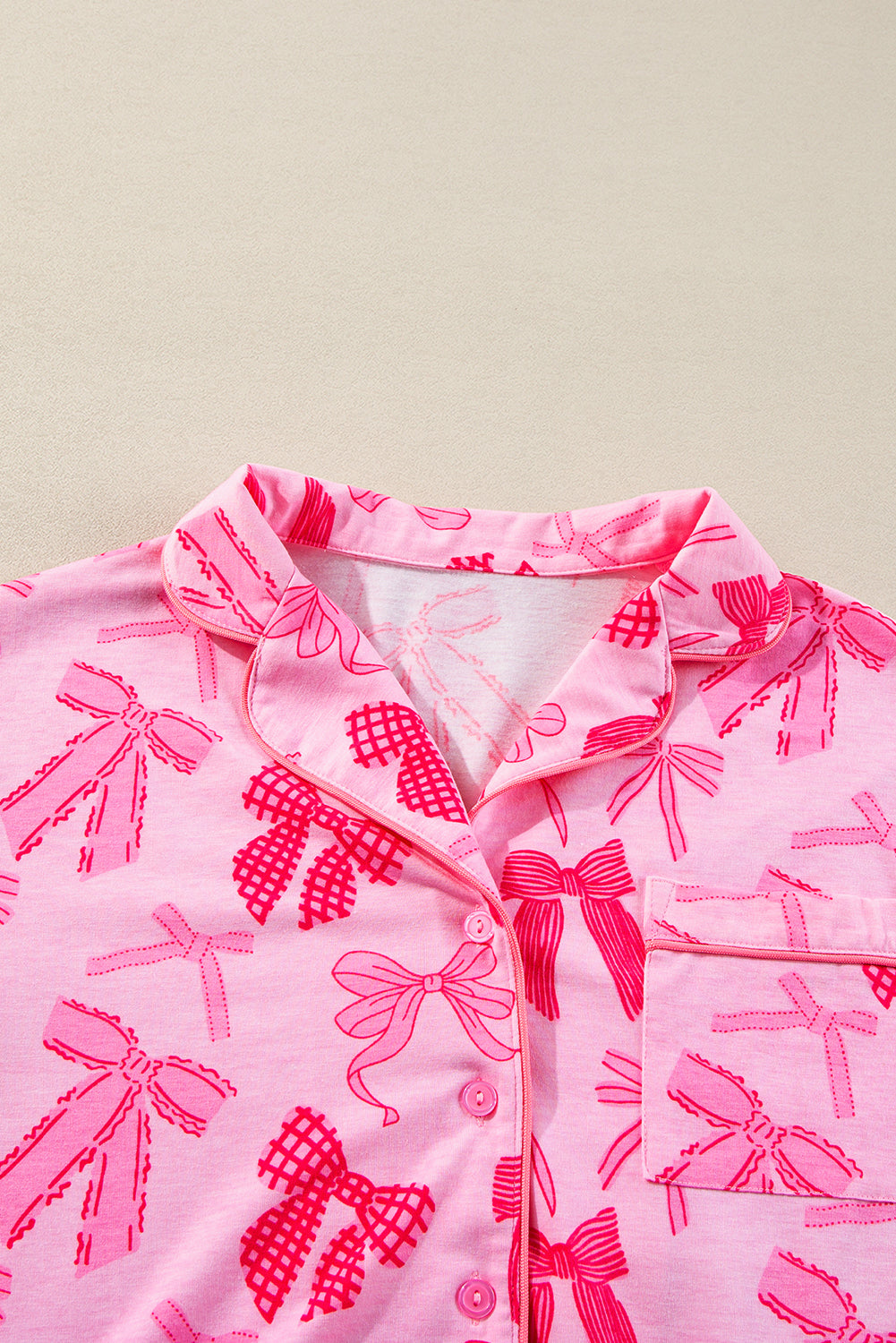 Pink Bow Print Half Sleeve Shirt and Shorts Pajamas Set