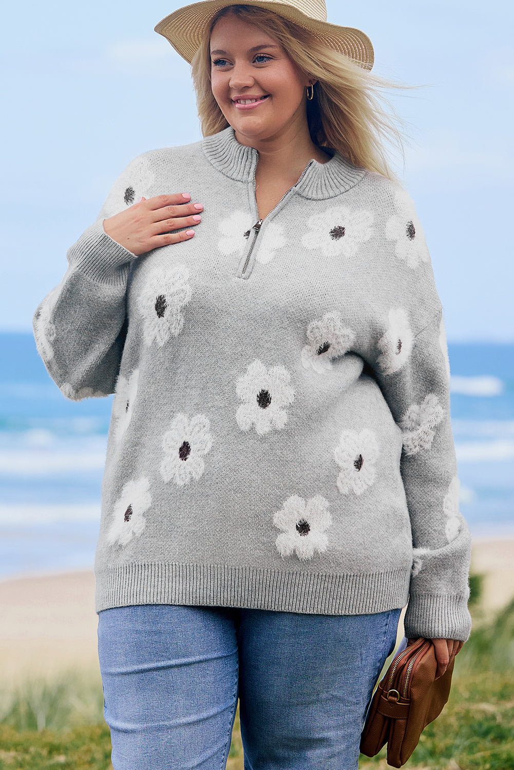 Khaki Floral Pattern Half Zip Drop Shoulder Sweater