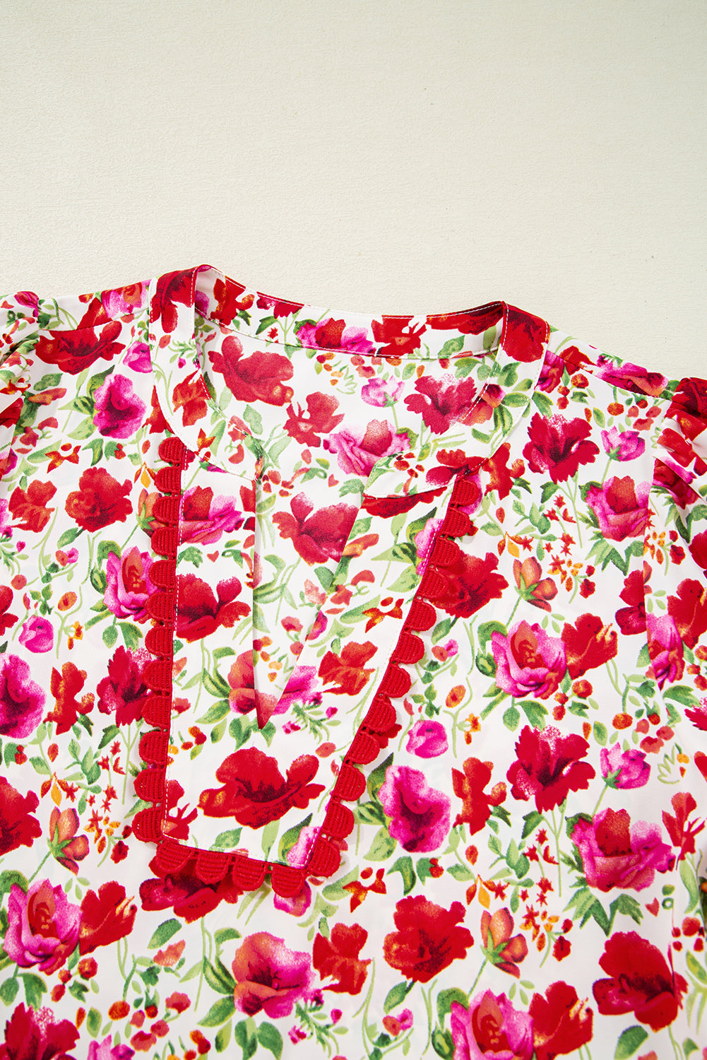 Red Floral Print Striped Patchwork Collared Short Sleeve Blouse