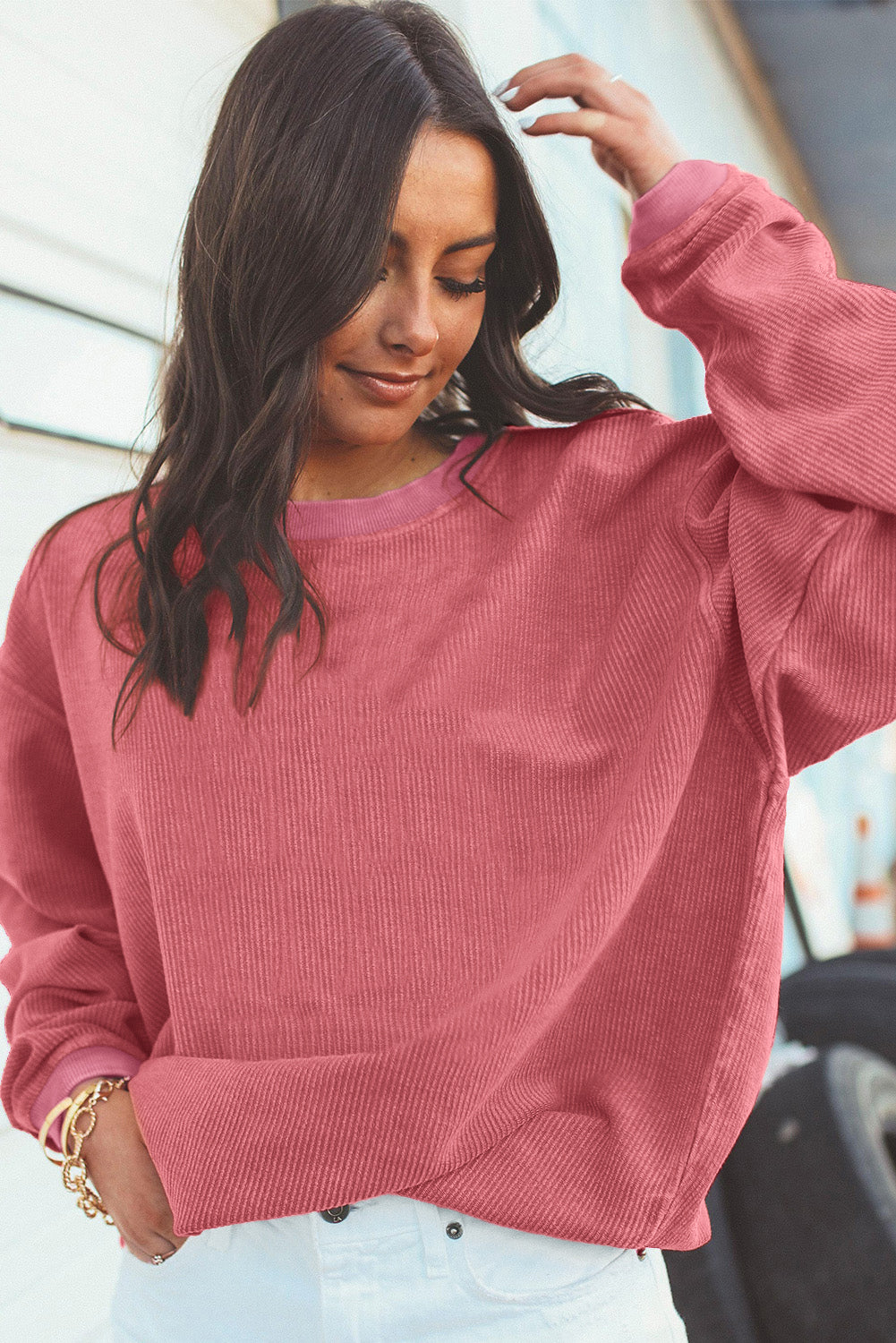 Grass Green Ribbed Corded Oversized Sweatshirt
