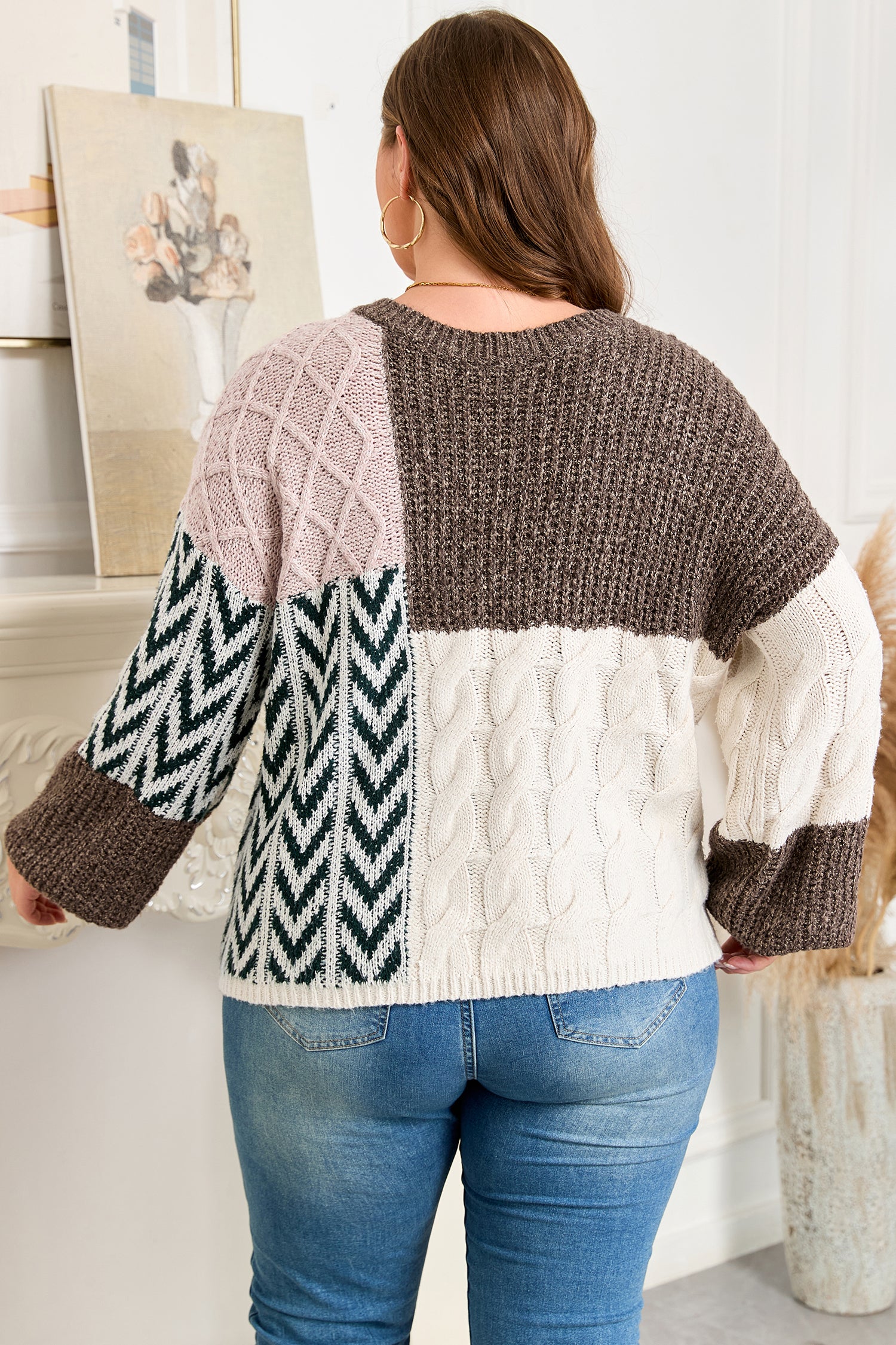 Brown Color Block Patchwork Knotted Back Loose Fit Sweater