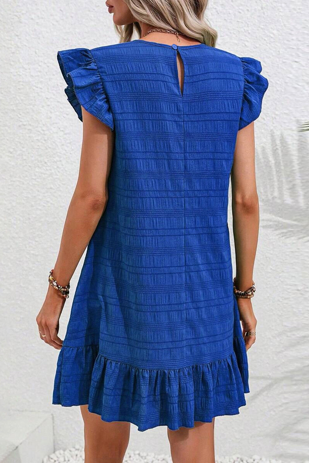 Dark Green Textured Ruffled Sleeve Round Neck Top