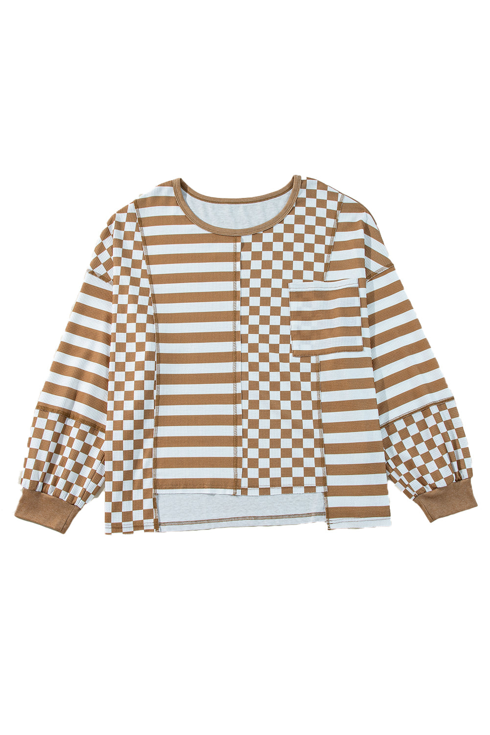 Khaki Checkerboard Striped Patchwork Lantern Sleeve Pocketed Blouse