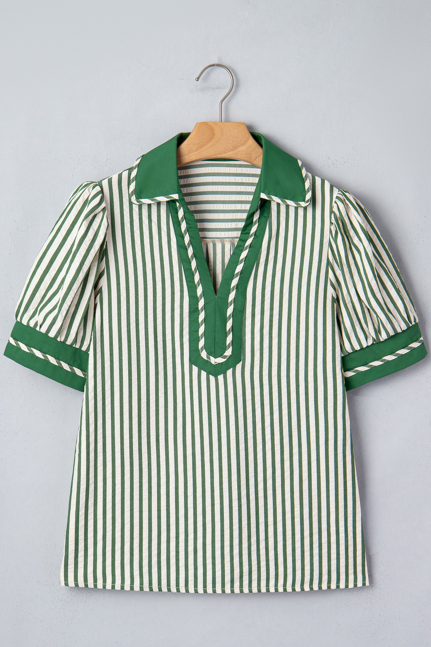 Black Stripe Collared Split Neck Short Bubble Sleeve Blouse