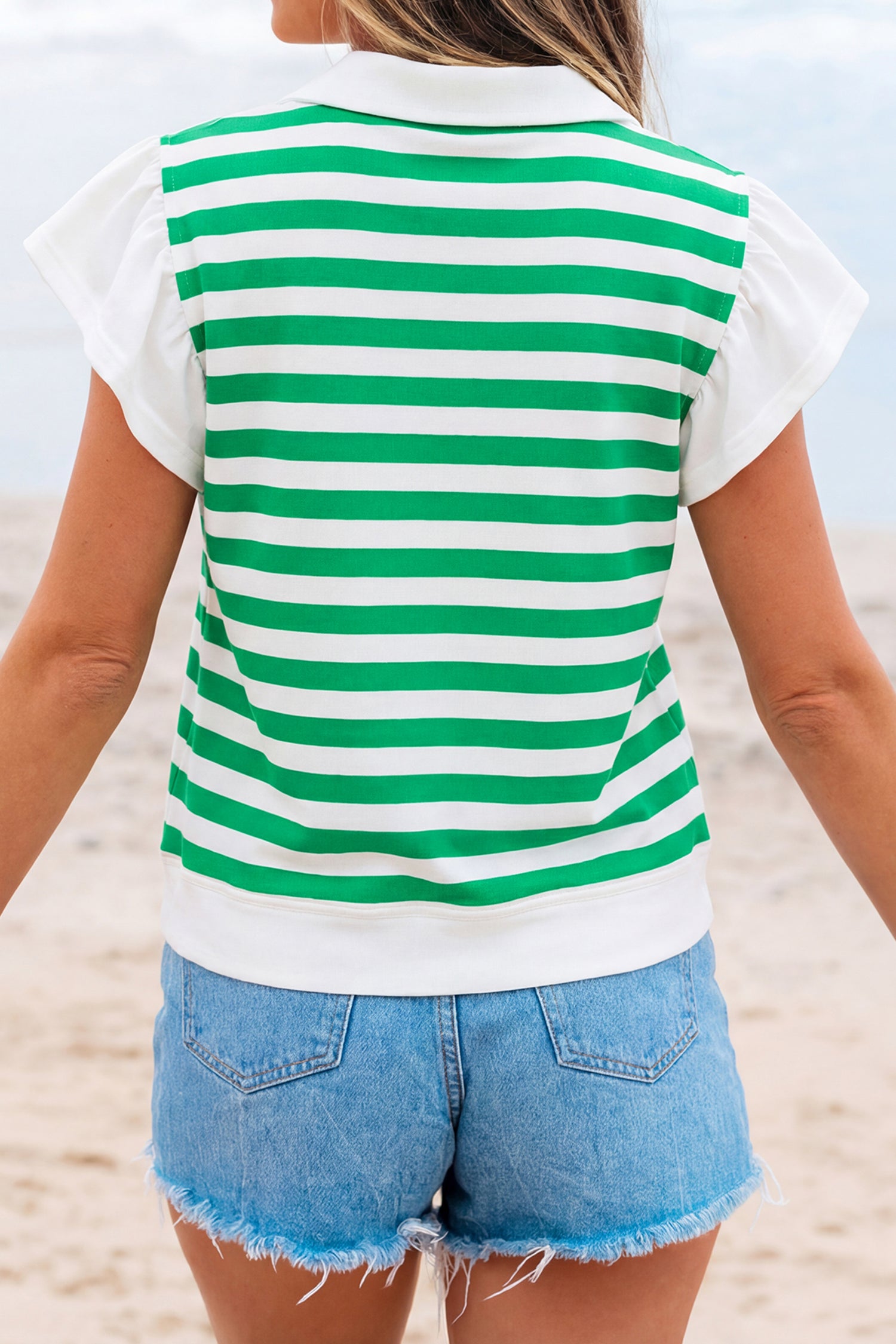 Pink Stripe Collar V Neck Ruffled Short Sleeve Blouse
