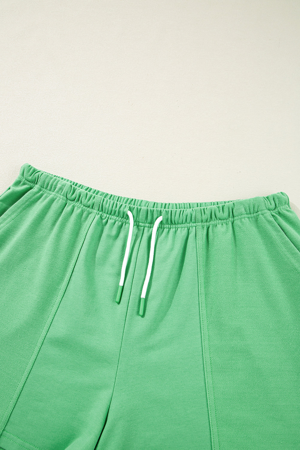Mint Green V Neck Drop Shoulder Tee and Patchwork Drawstring Elastic Waistband Shorts Set