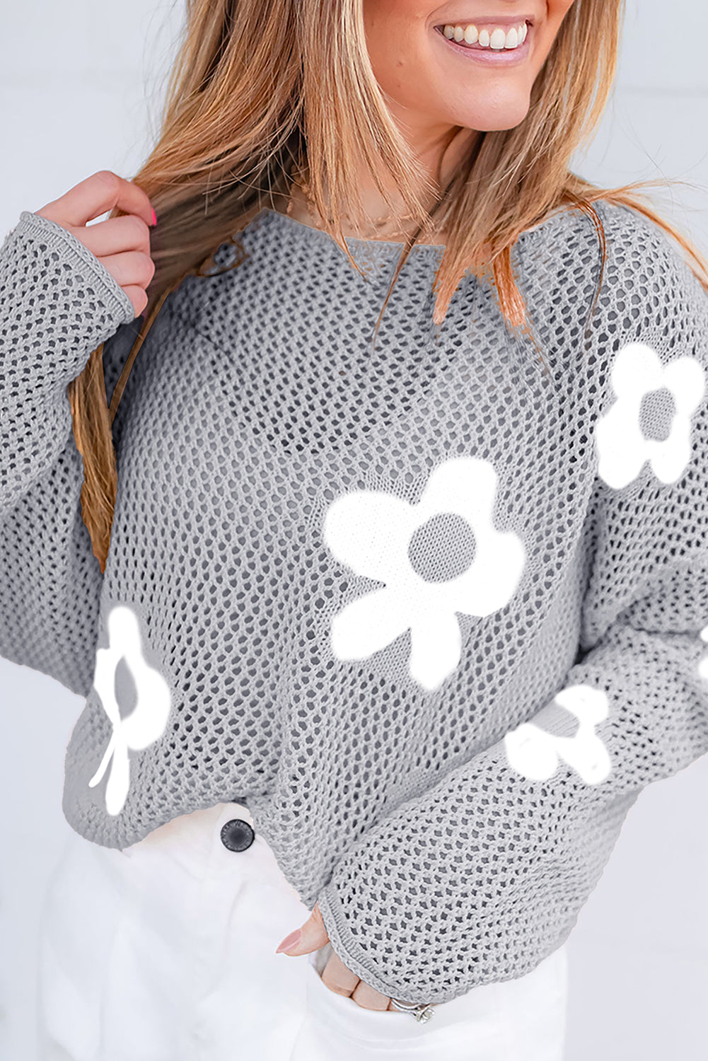 Light Pink Big Flower Hollowed Knit Drop Shoulder Sweater