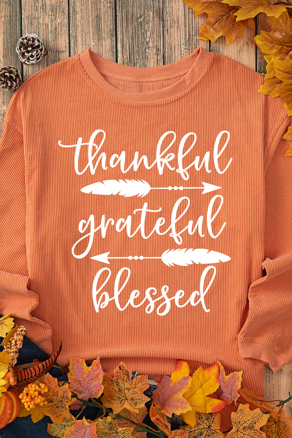 Orange Thankful Ribbed Crew Neck Thanksgiving Sweatshirt