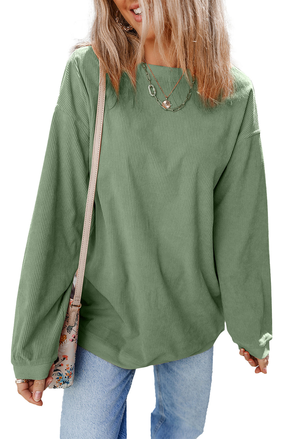 Grass Green Ribbed Corded Oversized Sweatshirt