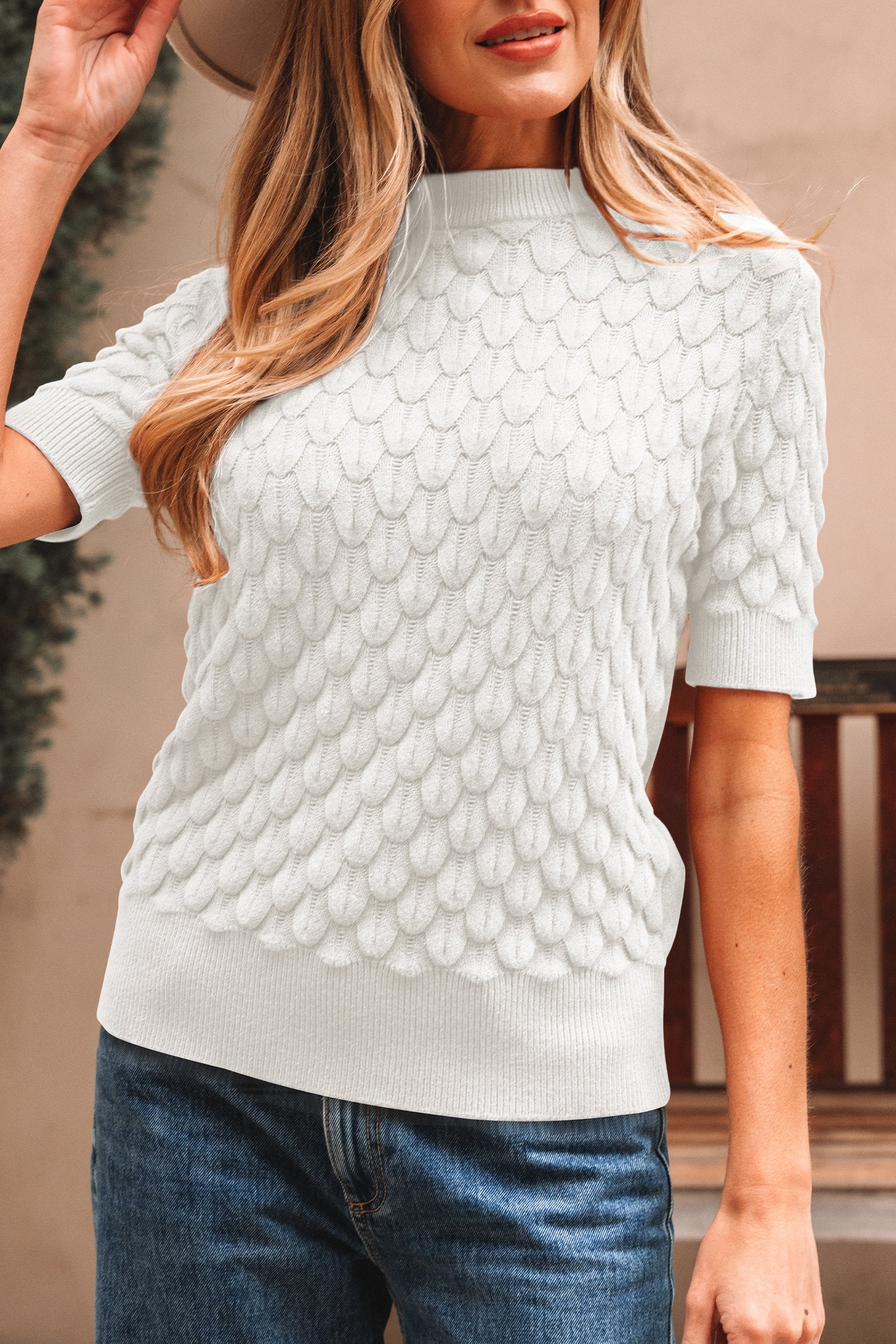 Straw Yellow Fish Scale Textured Knit Ribbed Crew Neck Short Sleeve Sweater