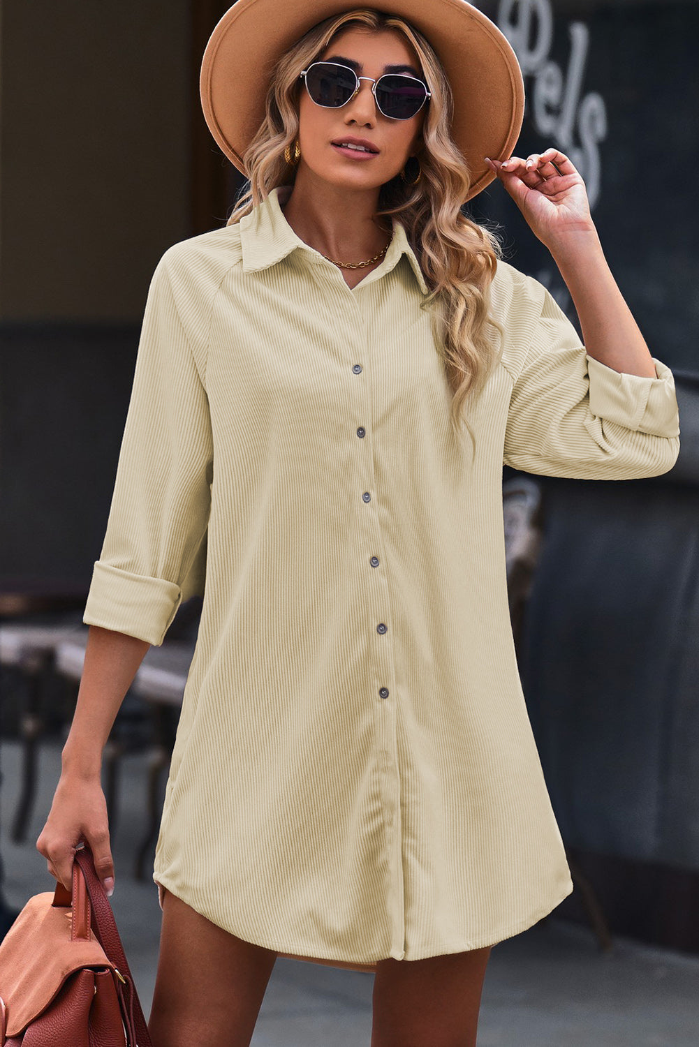 Blue Corduroy Shirt Style Full Button Long Sleeve Shift Mini Dress