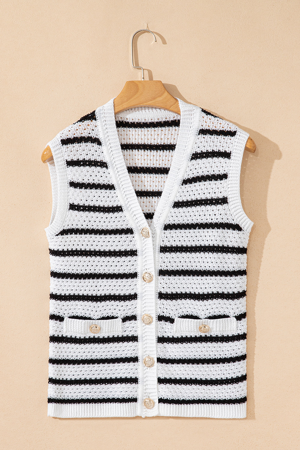 Sky Blue Stripe V Neck Gold Buttons Elegant Sweater Vest