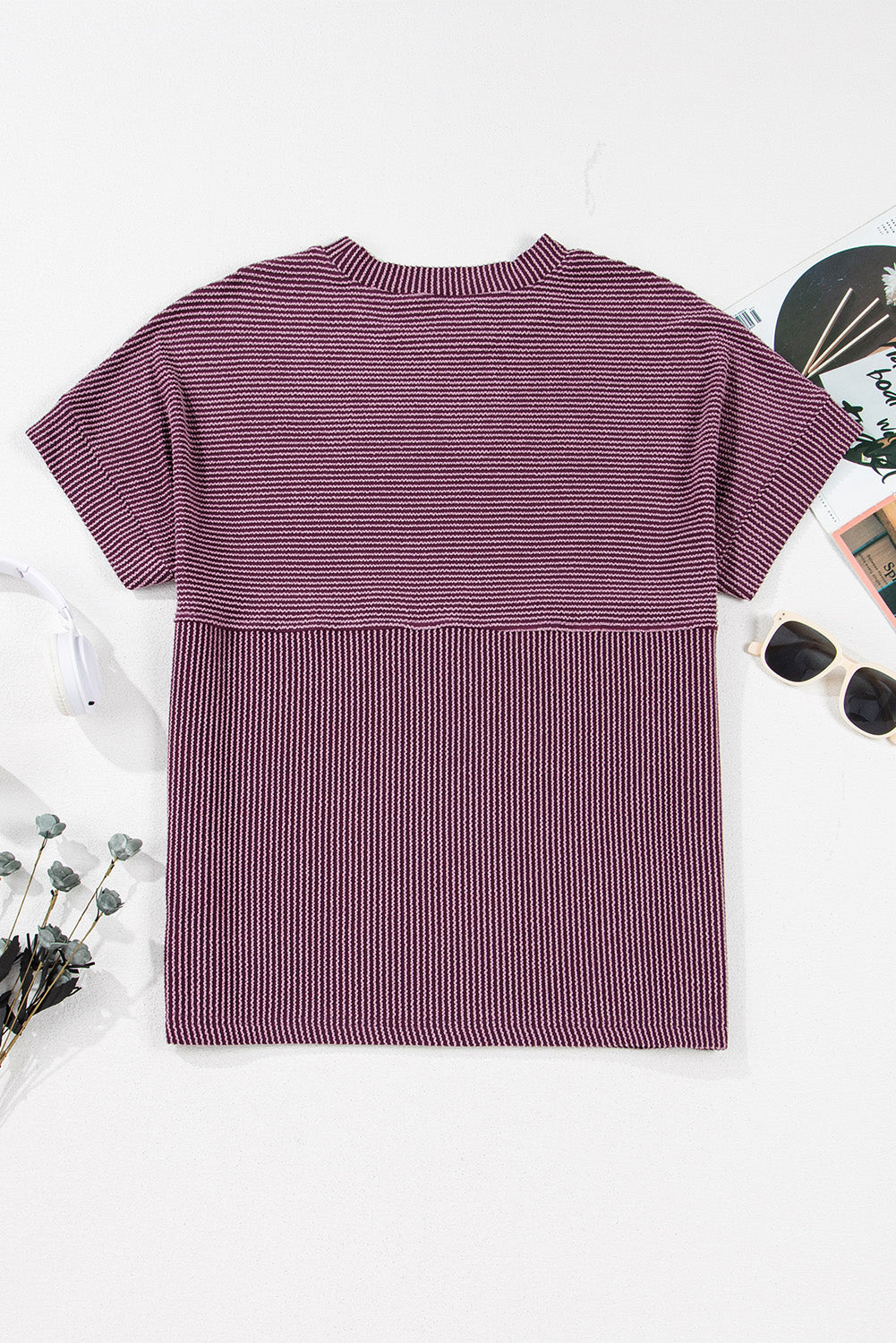 Bright Pink Plain Corded Knit Mock Neck T Shirt