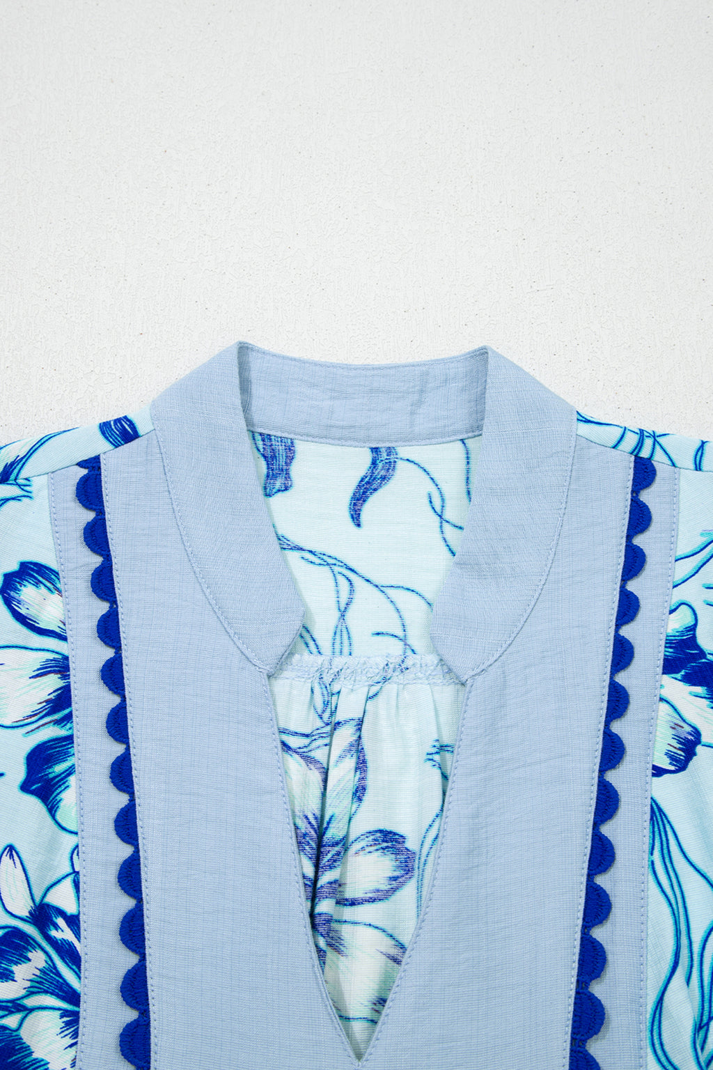 Sky Blue Plus Size Scalloped Trim Floral Short Sleeve Blouse