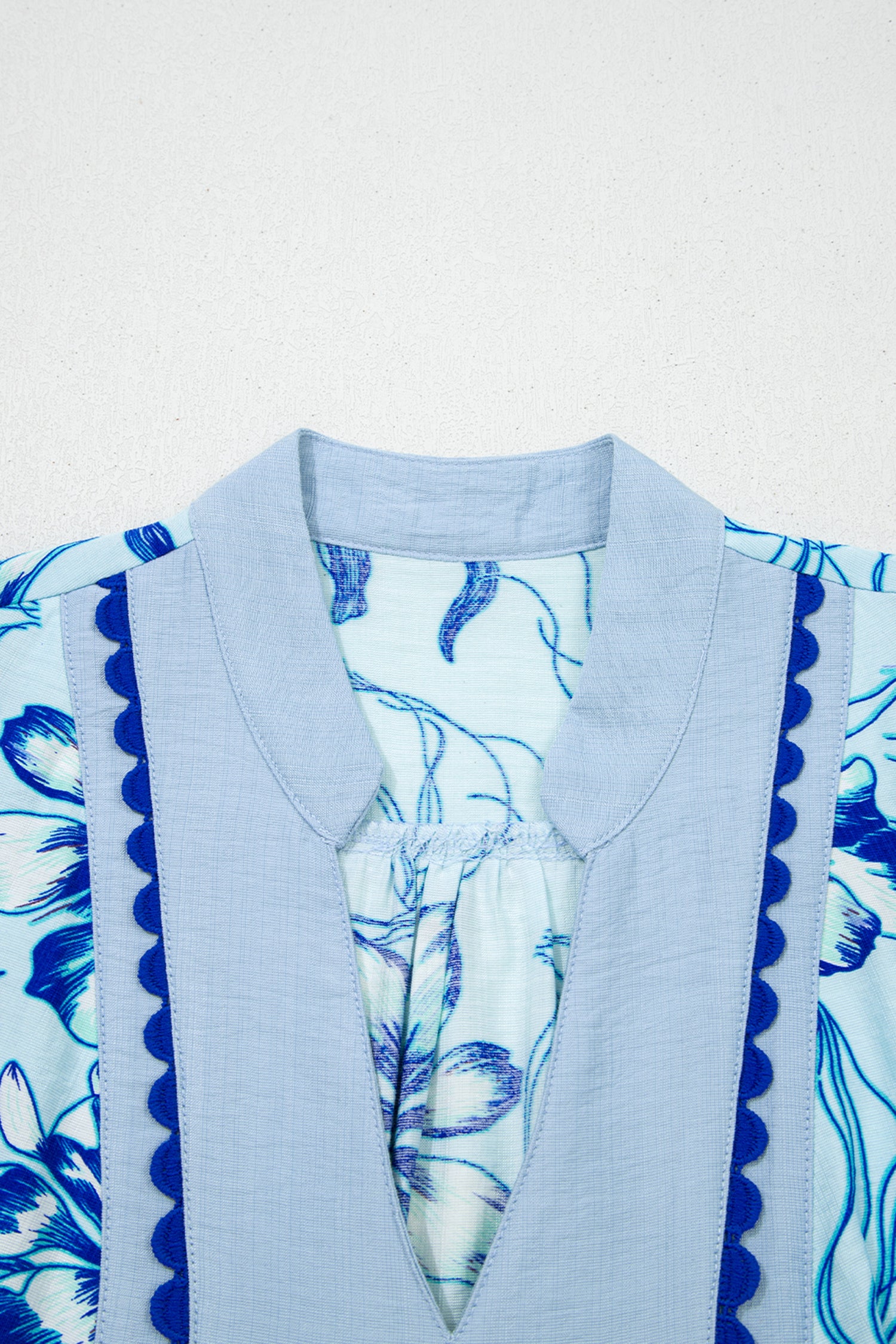 Sky Blue Plus Size Scalloped Trim Floral Short Sleeve Blouse