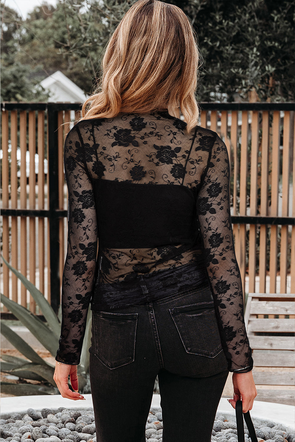 Black Floral Lace Mesh Short Sleeve Sheer Top