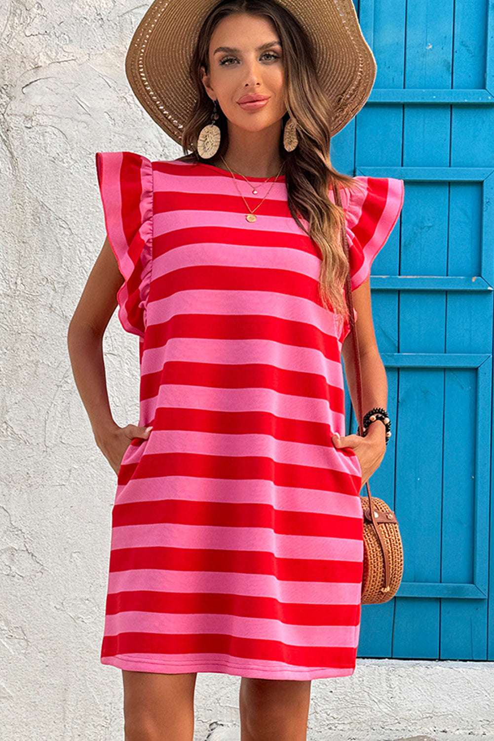 Green Stripe Flutter Sleeve Round Neck Shift Dress