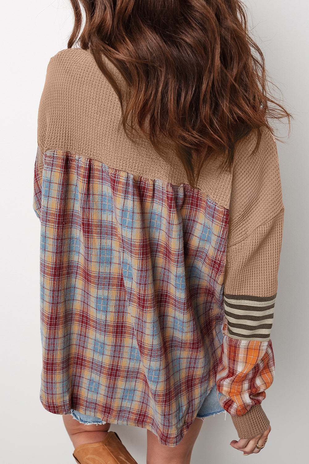 Parchment Plus Size Waffle Colorblock Striped Plaid Patchwork Half Button Pullover