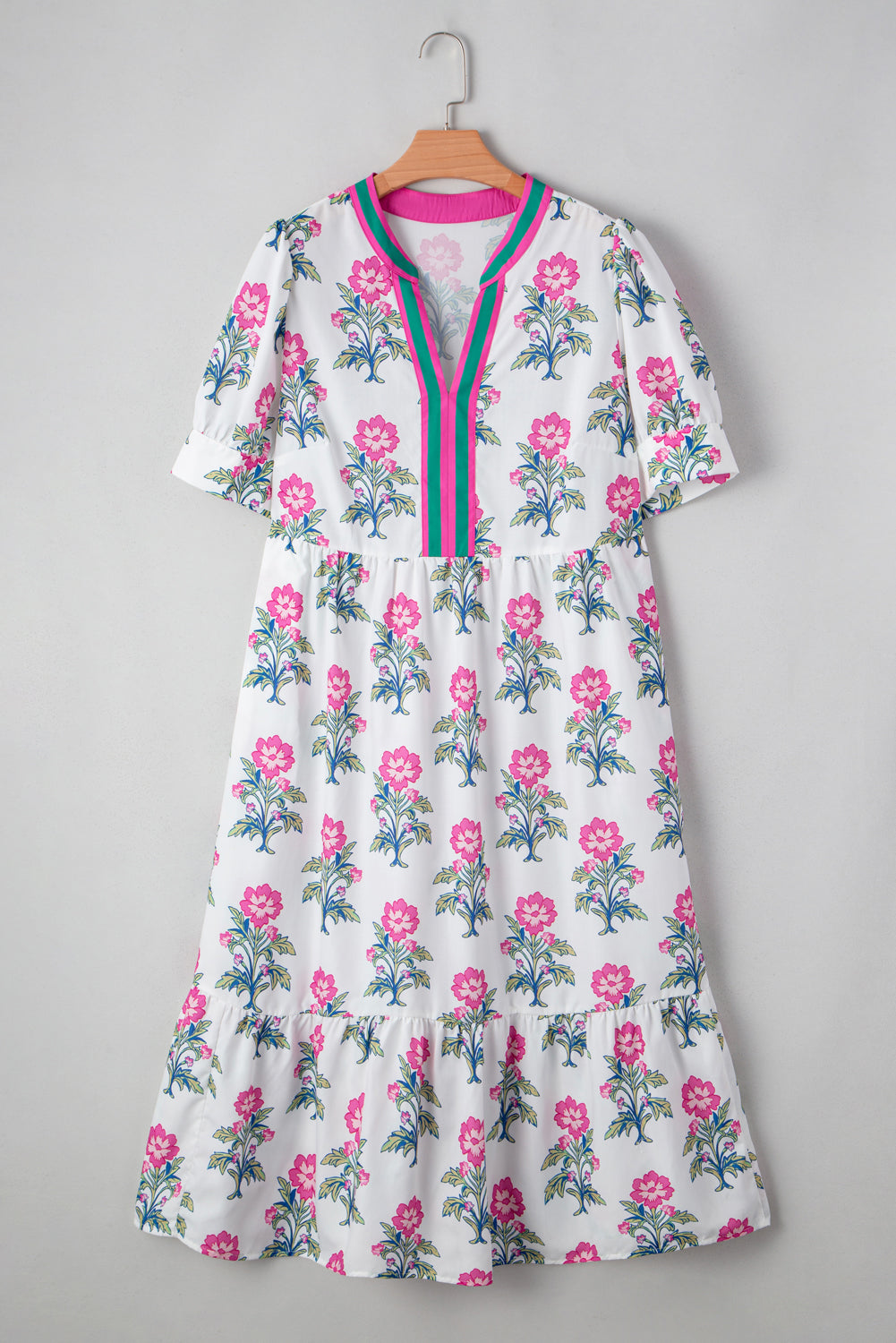 White Floral Puff Short Sleeve V Neck High Waist Maxi Dress