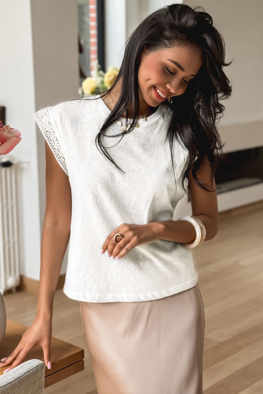 Yellow Cream Lace Patchwork Cap Sleeve Round Neck T Shirt