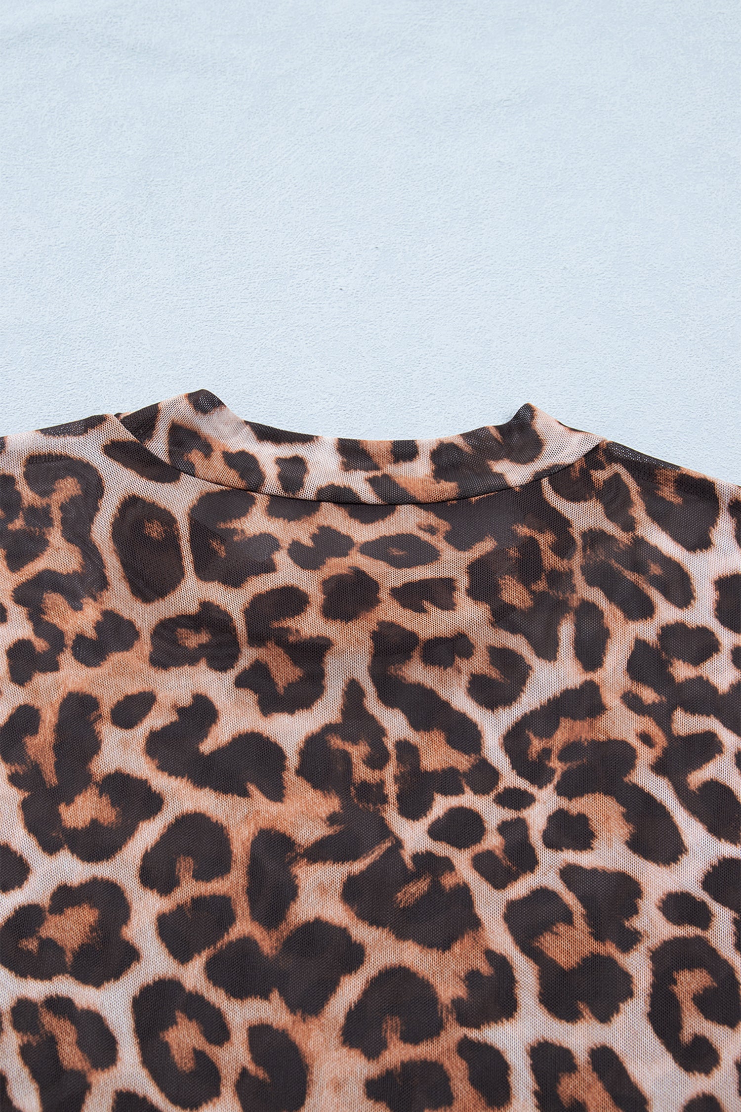Brown Leopard Mock Neck Long Sleeve Mesh Top