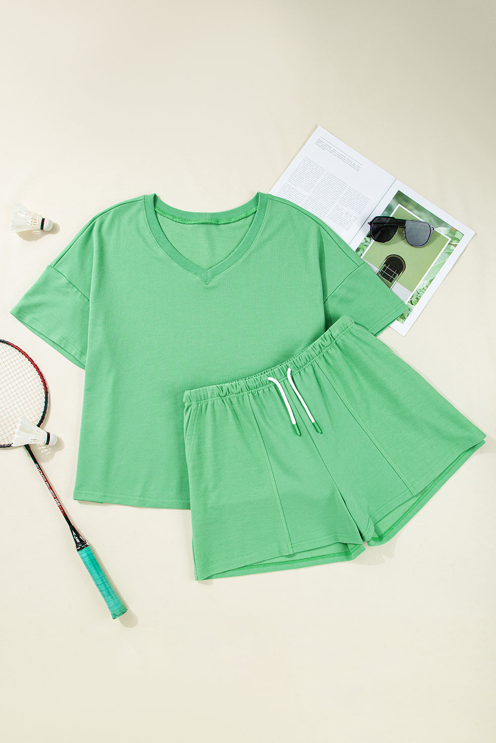 Mint Green V Neck Drop Shoulder Tee and Patchwork Drawstring Elastic Waistband Shorts Set