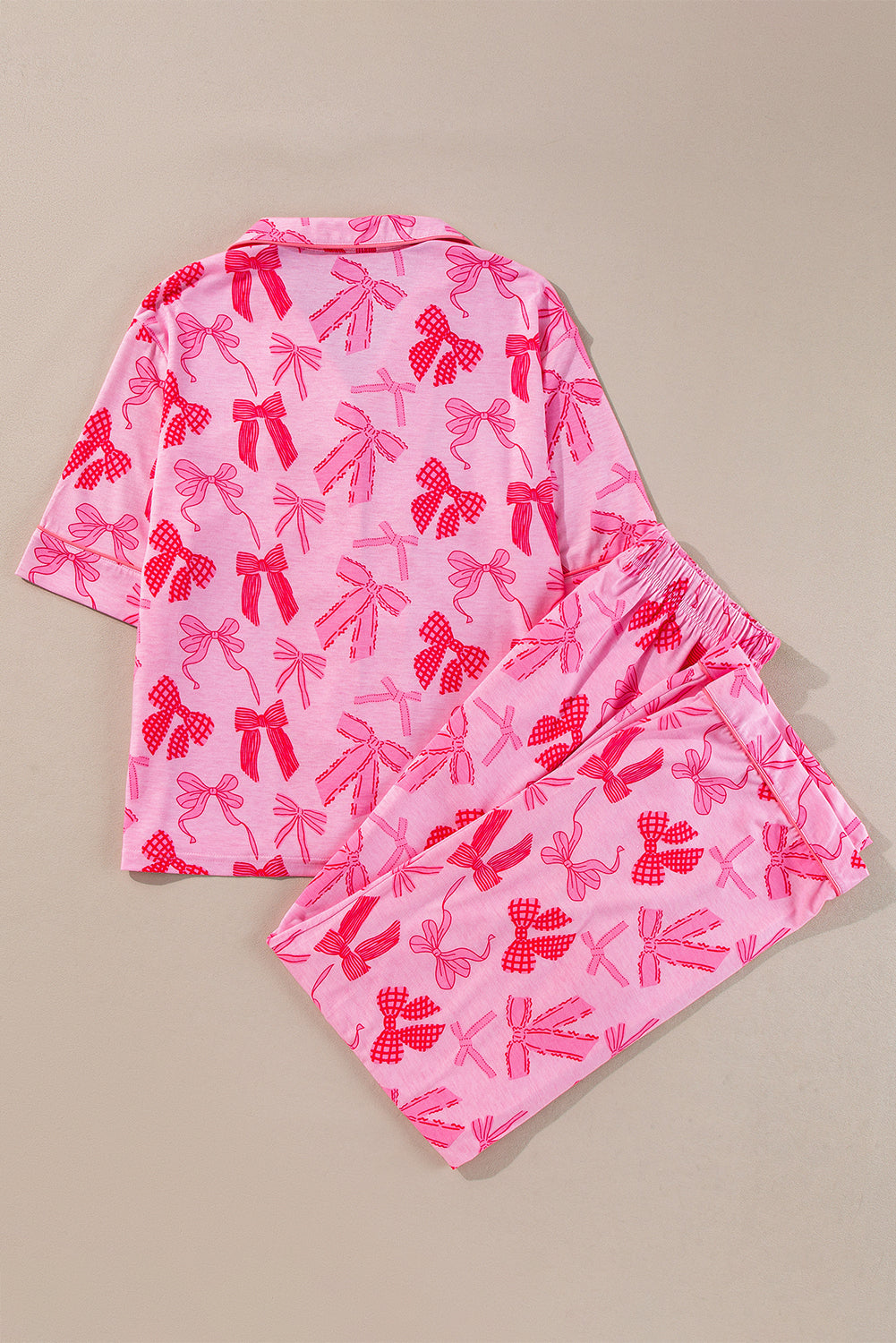 Pink Bow Print Half Sleeve Shirt and Shorts Pajamas Set