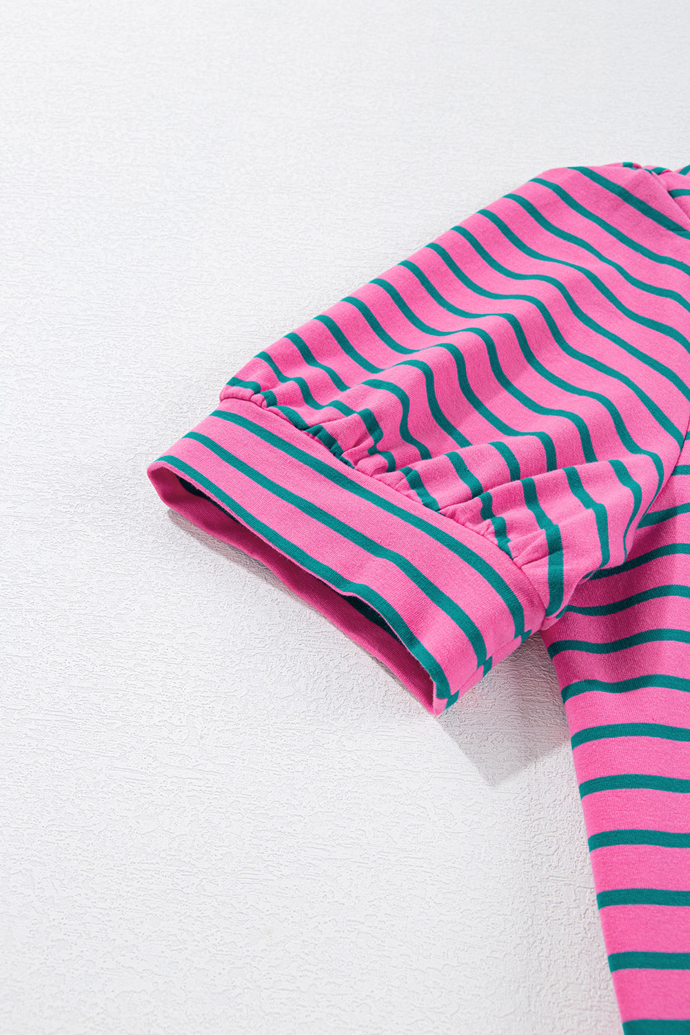 Pink Stripe Collared V Neck Puff Sleeve T Shirt Dress