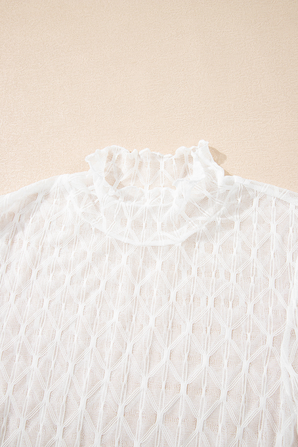 Coffee Sheer Mesh Patterned Lettuce Trim Slim Long Sleeve Top