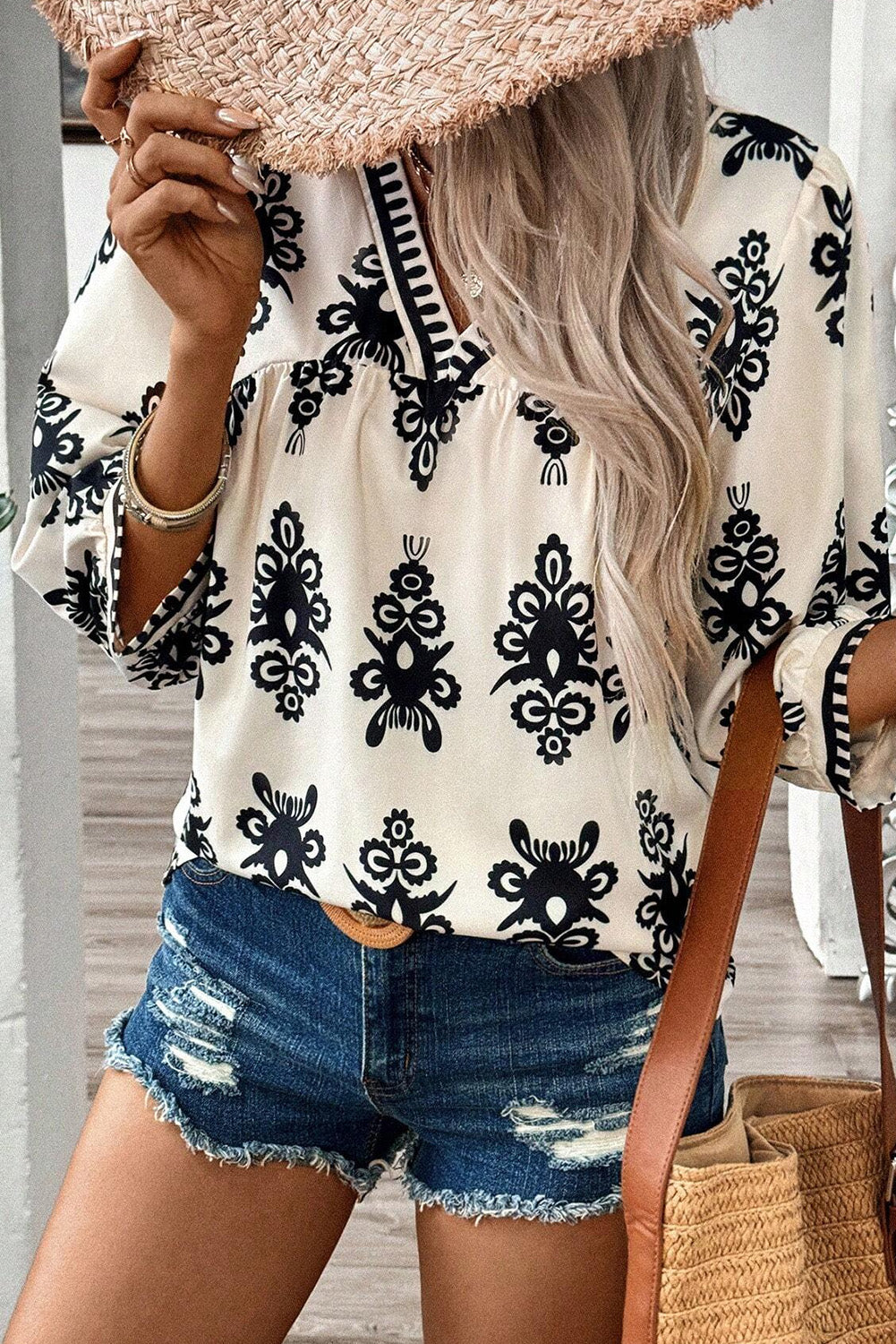Orange Vintage Geometric Printed 3/4 Sleeve V Neck Blouse