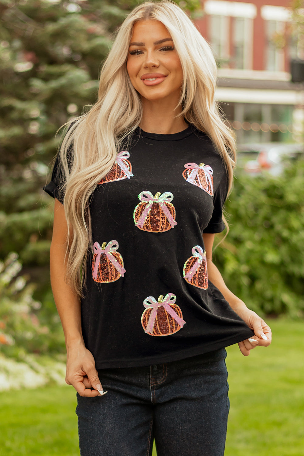 White Colorful Pumpkin Sequin Patched Drop Shoulder Sweatshirt