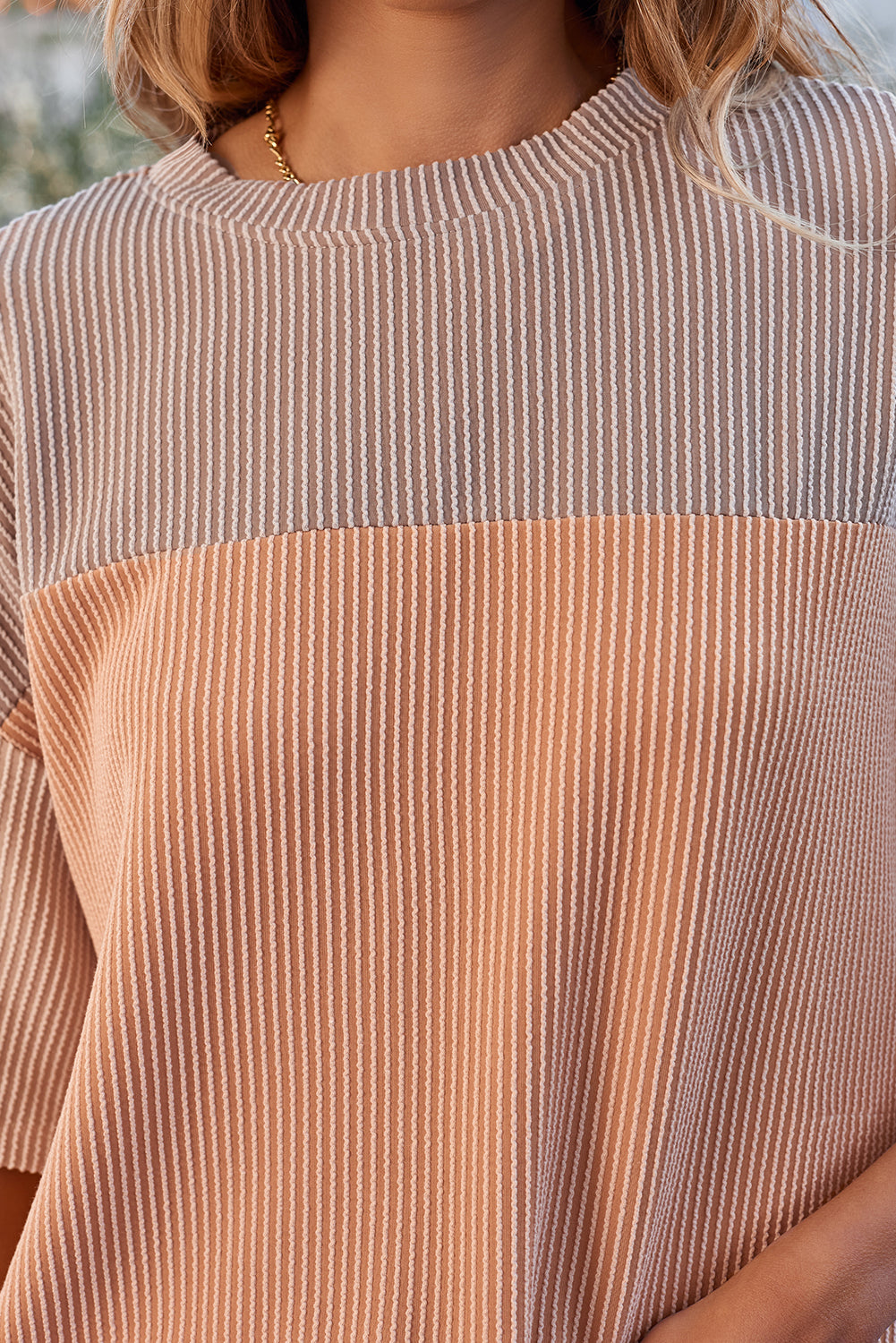 Pink Color Block Ribbed Side Slits Half Sleeve Top