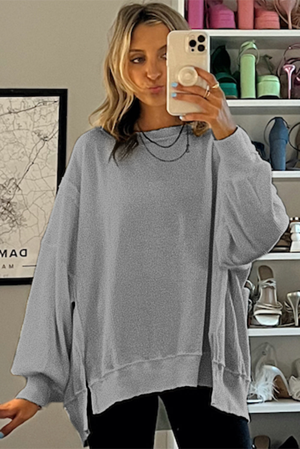 White Waffle knit Bishop Sleeve Split Oversized Top