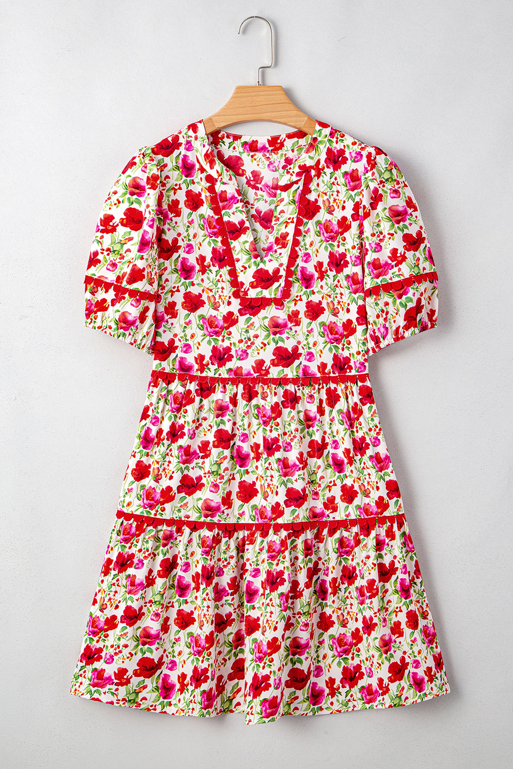 Red Floral Print Striped Patchwork Collared Short Sleeve Blouse