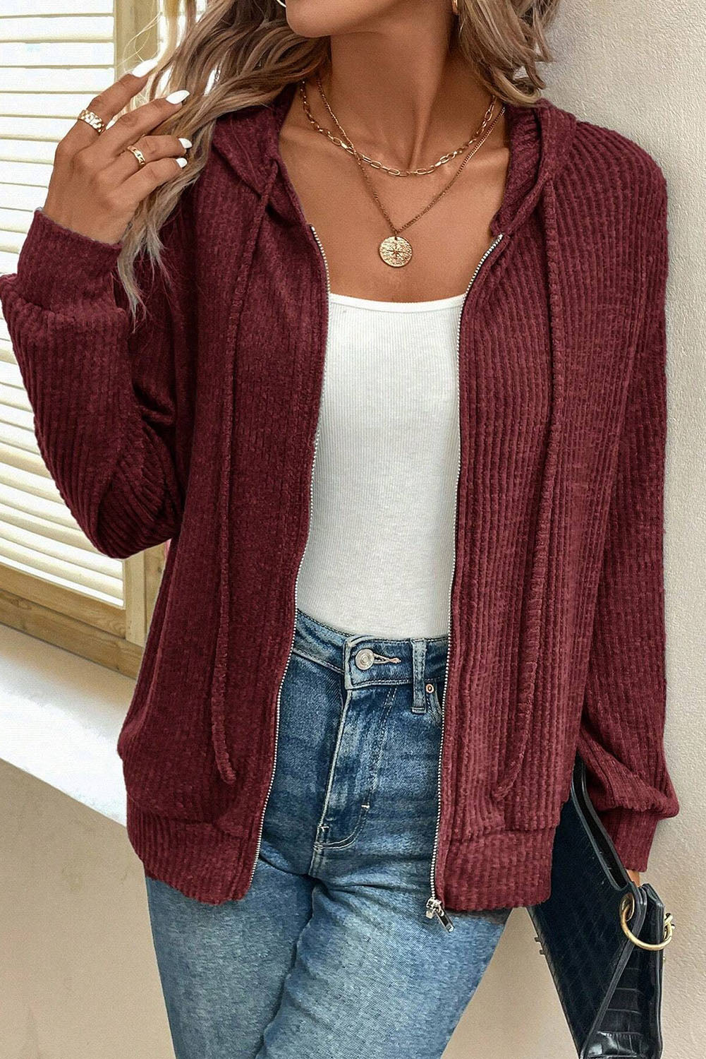 Dark Grey Ribbed Zip Up Front Drawstring Hoodie