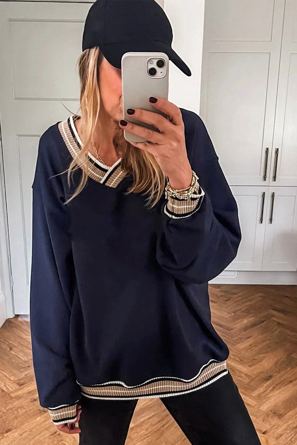 Gray Varsity Contrast Striped Trim V Neck Sweatshirt