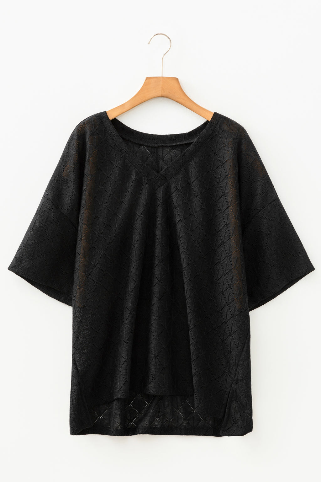 White Pointelle Rhombus Knit Plus Size V Neck Loose Top