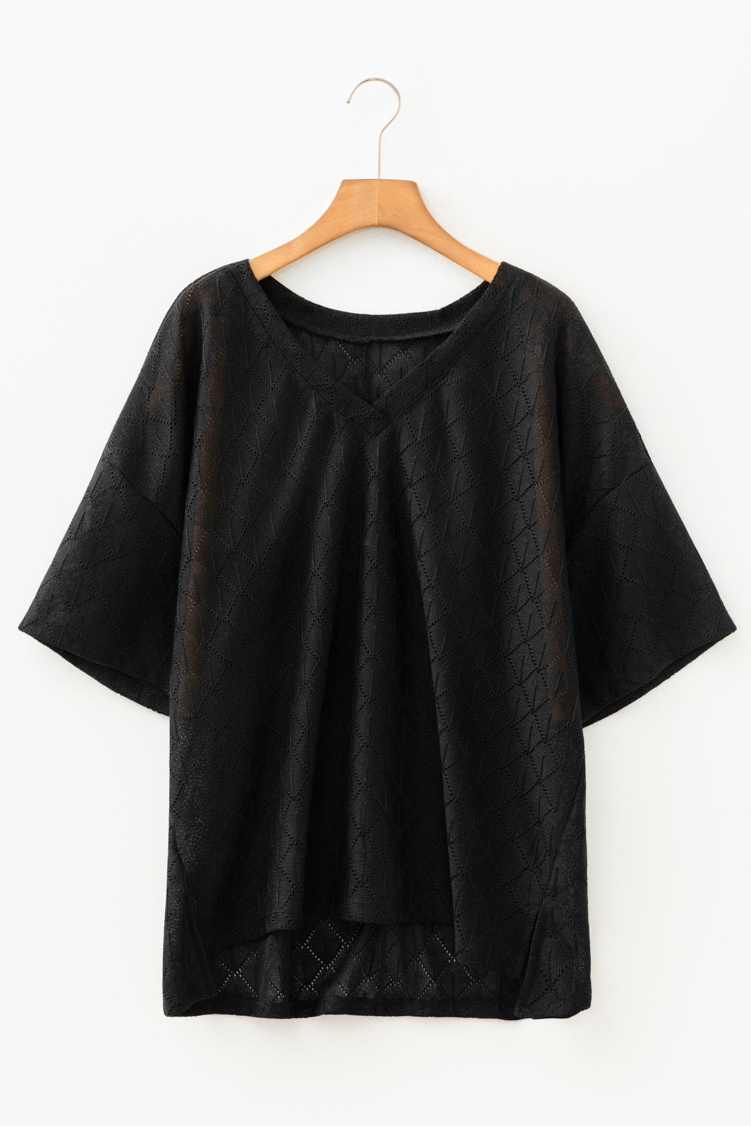 White Pointelle Rhombus Knit Plus Size V Neck Loose Top