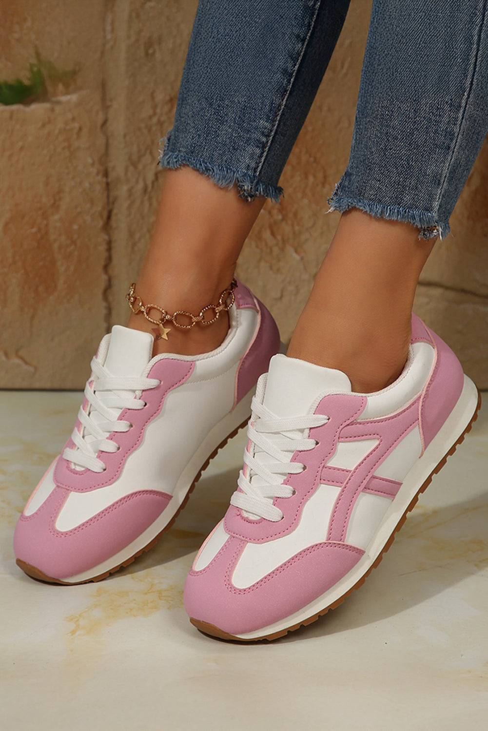 Oatmeal Color Block Lace-up PU Leather Sneakers