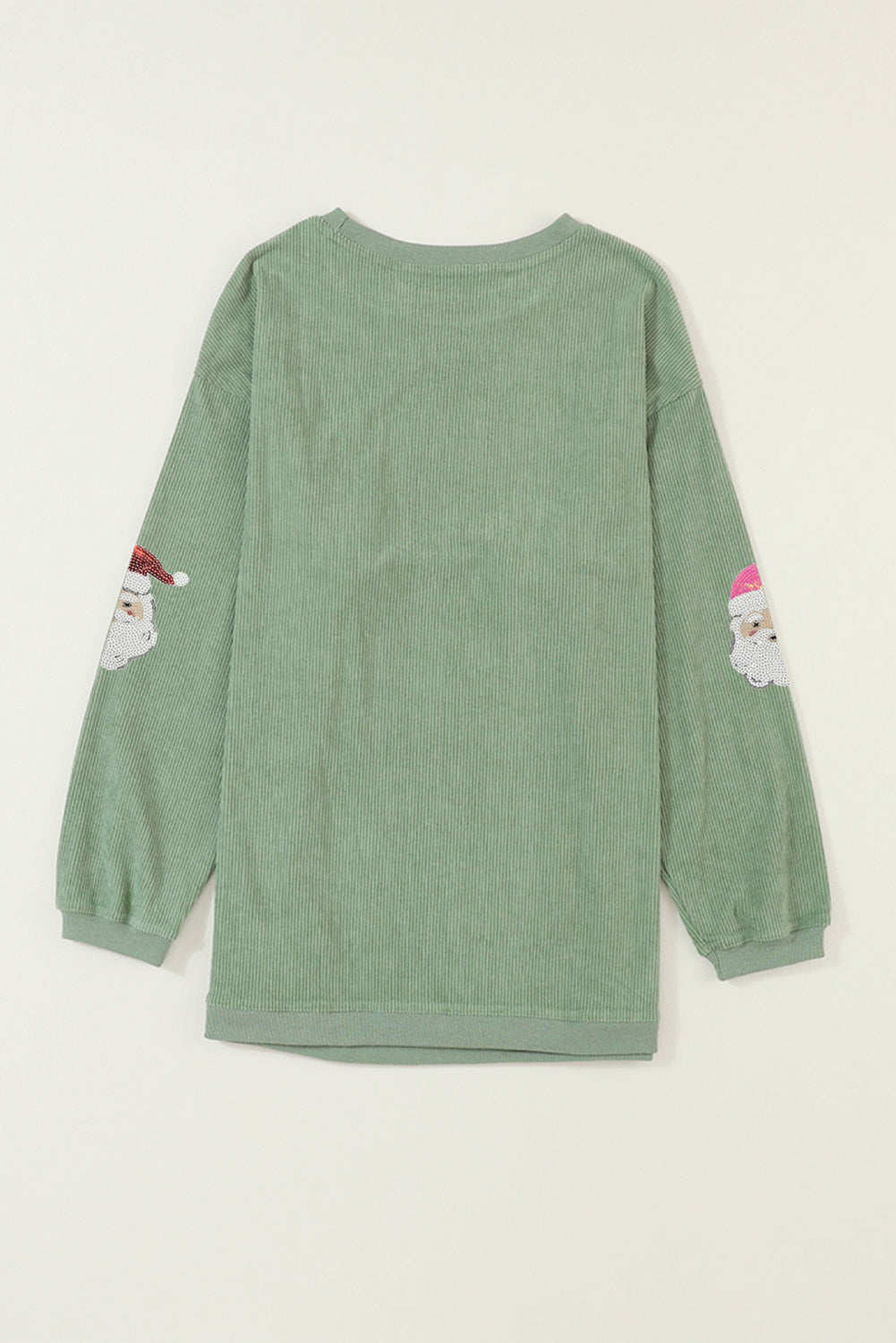 Grass Green Corded Ribbed Sequin Patched Santa Claus Graphic Sweatshirt